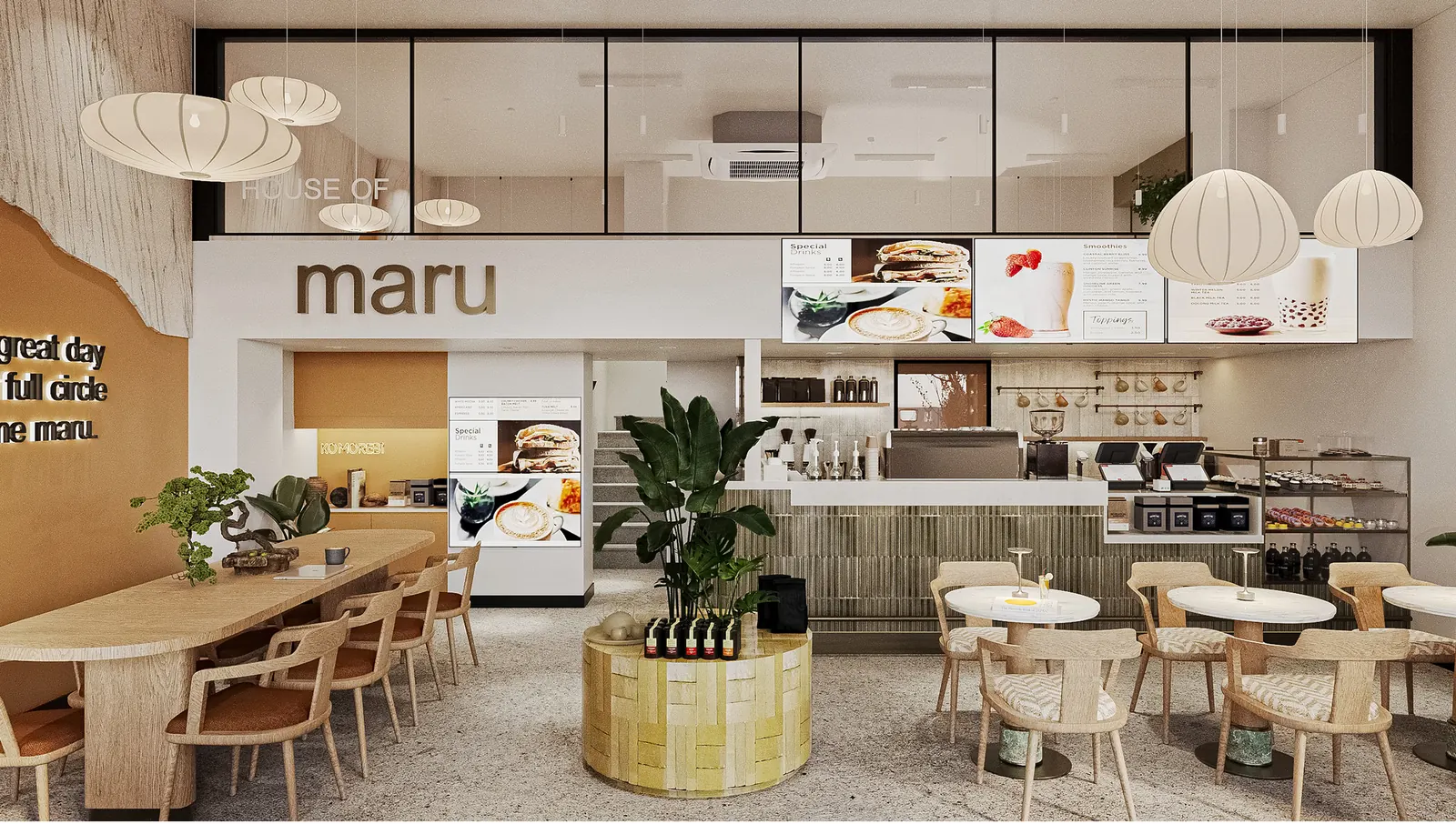 MARU logolu bar, menü ekranları ve oturma alanı